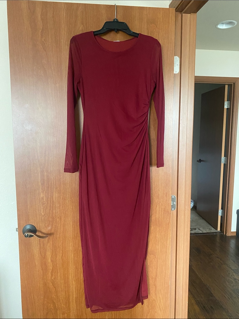 Women's Long Sleeve Burgundy Maxi Dress - Sleek Ruched Side Detail
